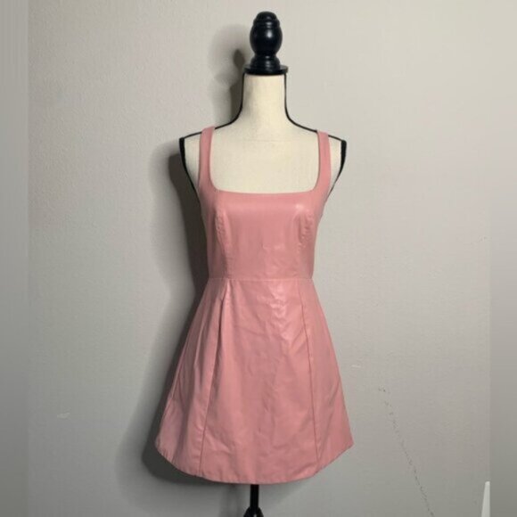 For Love & Lemons Talia Pink Faux Leather Open Back A-Line Mini Dress - Picture 7 of 16
